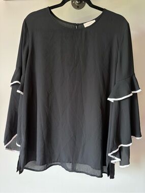 LOFT Black Blouse with White-Trim Ruffle Sleeves
